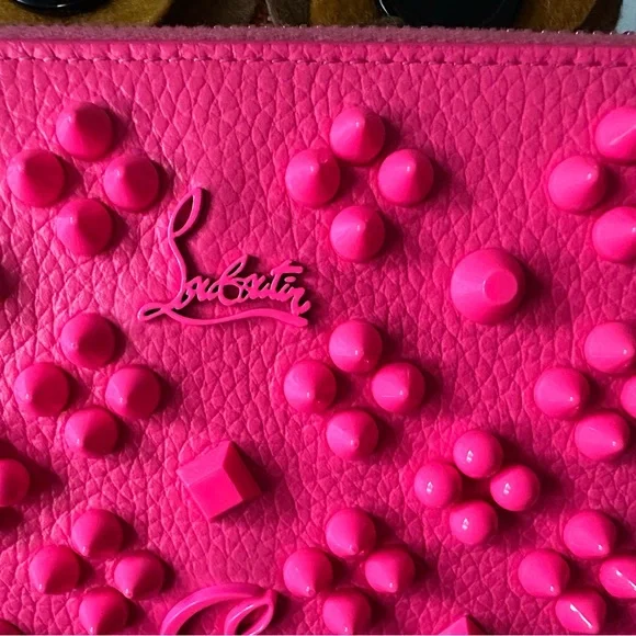 Christian Louboutin RARE COLOR Neon Pink Studded Wallet zippy Card Holder - Picture 2 of 13